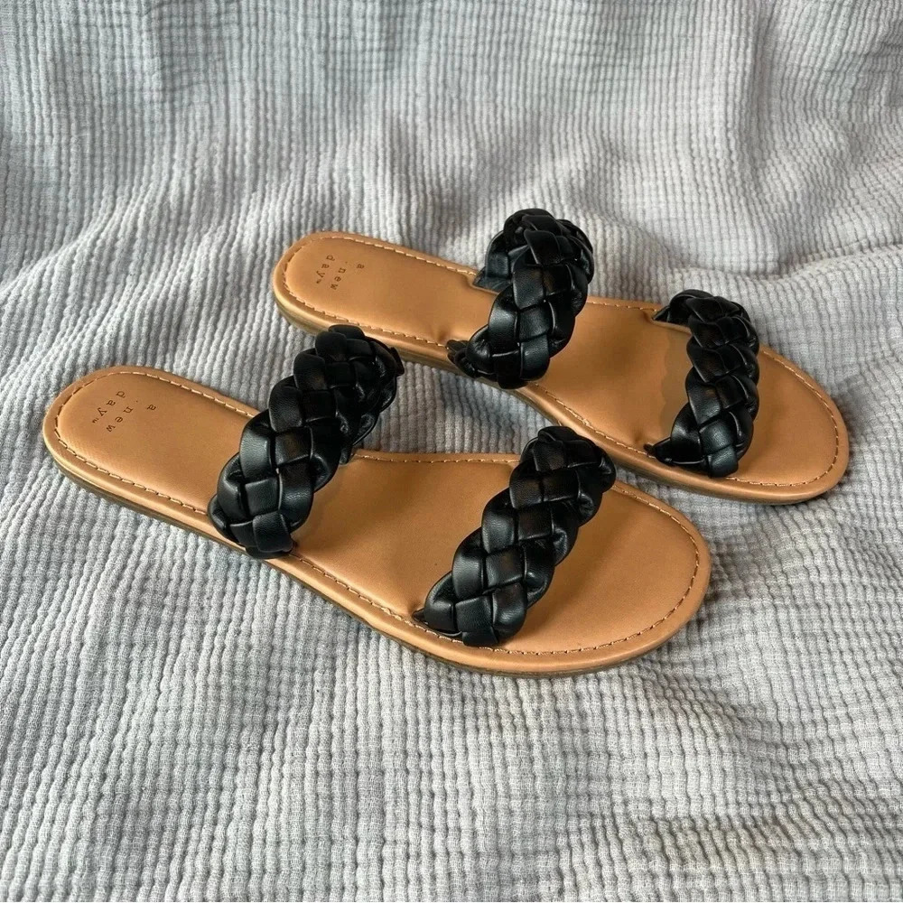 A New Day Women's Braided Lucy Sandals Black Strappy Slides Flip Flops  Size 9.5